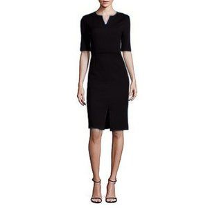 ST. JOHN Caviar Milano Knit Front Slit Split Neck Midi Length Black Sheath Dress